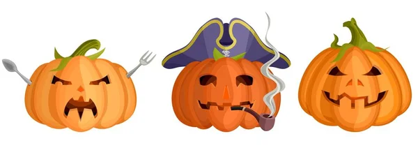 Tres Brillantes Máscaras Calabaza Halloween Plana Imagen Stock — Vector de stock