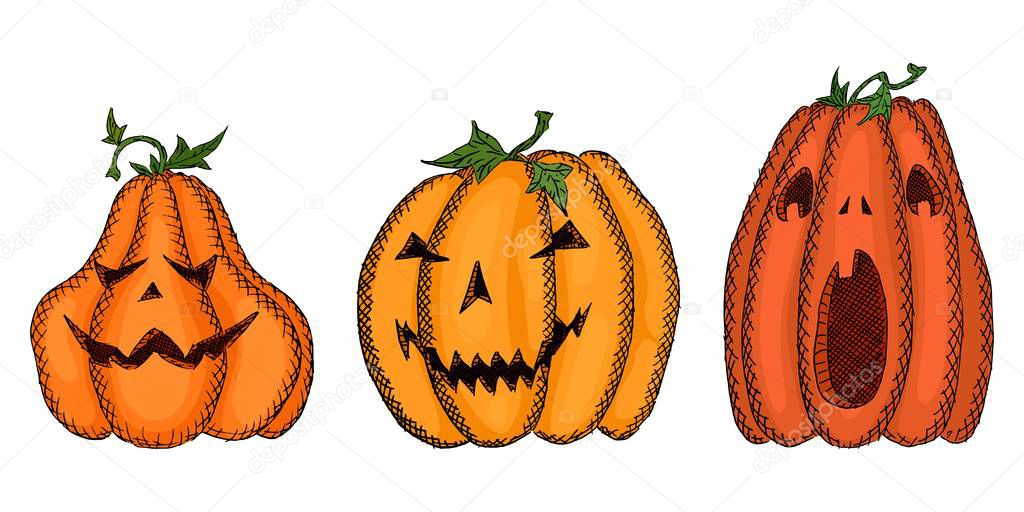 bright sketch with pumpkins with carved faces.stock vector illustration