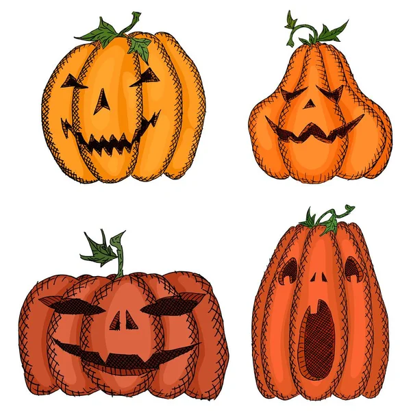 Grand Ensemble Citrouilles Croquis Pour Halloween Décoré — Image vectorielle