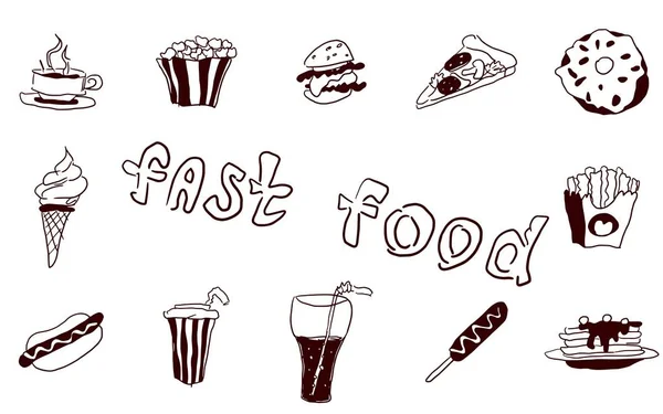 Fastfood Grote Verzameling Van Doodles Voedsel Vector Werk — Stockvector