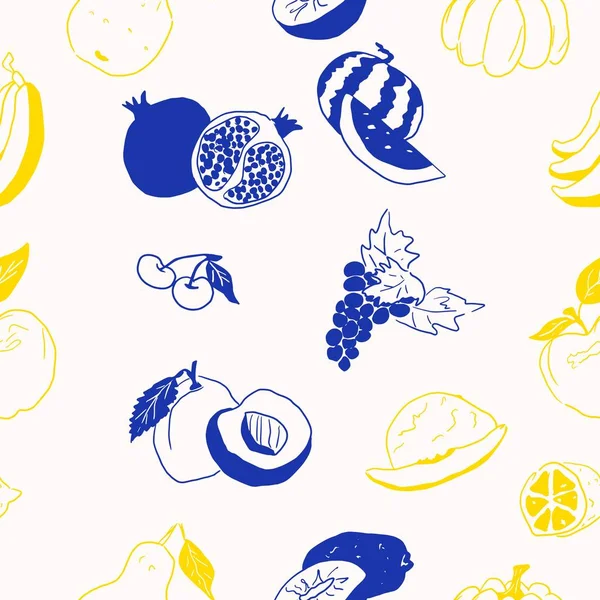 Contrastando Garabatos Frutas Amarillas Azules Vector Patrón Blanco — Archivo Imágenes Vectoriales