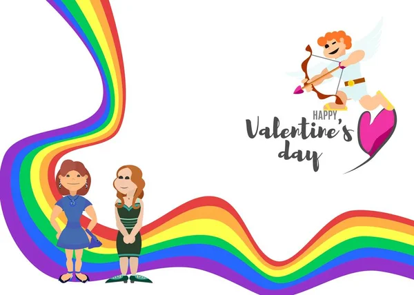 バレンタインの日とキューピッド キューピッド ベクトルの虹と女性のポスター — ストックベクタ