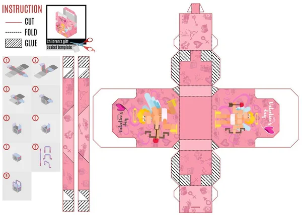 フラット スタイル キューピッド ベクトルでピンクのキューピッド ボックス テンプレート — ストックベクタ