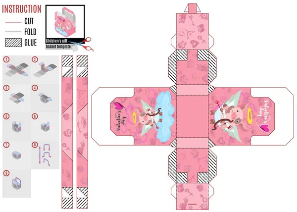 バレンタインの天使キューピッドと他の文字カット ピンク ボックス テンプレート — ストックベクタ