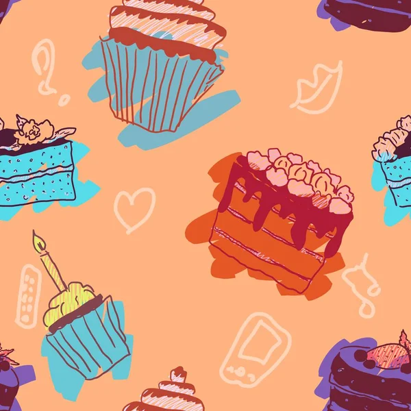 Doces Padrão Sem Costura Doodle Pastelaria Arte Vetorial Brilhante — Vetor de Stock