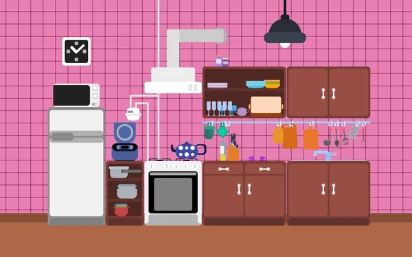 Плоская кухня на розовом фоне — стоковый вектор