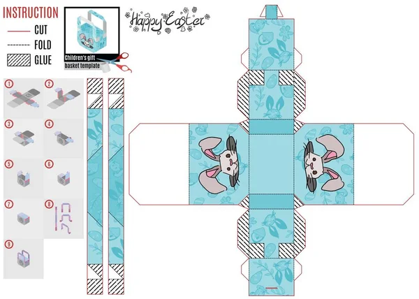 Padrão de cesta de papel de férias de Páscoa com a cabeça de uma lebre —  Vetores de Stock