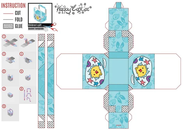 Papieren doos sjabloon voor paasvakantie met gele kip — Stockvector
