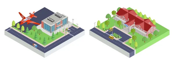 Aeropuerto isométrico y pequeña ciudad escuela nuevo — Vector de stock