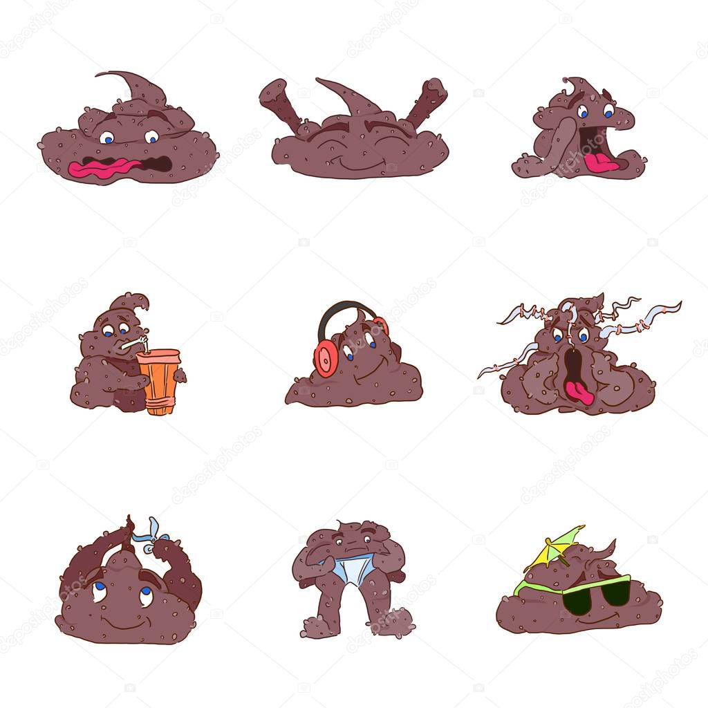 selection of poop characters on a white background emotions
