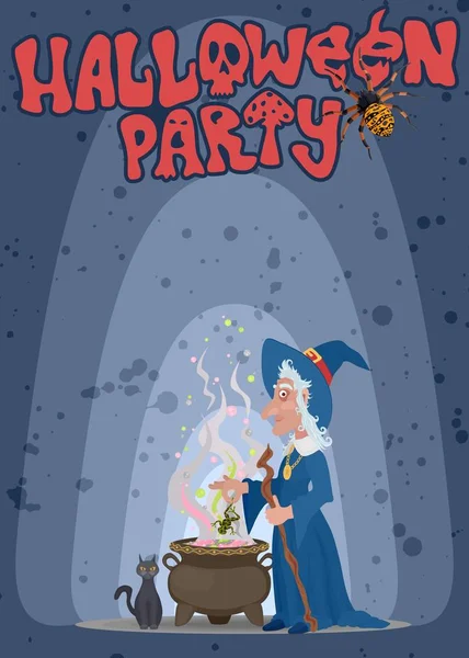 Αφίσα για το Halloween πάρτι μάγισσα κοντά το καζάνι — Φωτογραφία Αρχείου