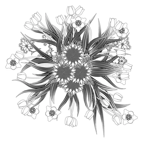 曼陀罗的郁金香和向日葵野花花束 — 图库照片