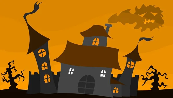 Viejo cartel de Halloween castillo con humo y amarillo — Vector de stock