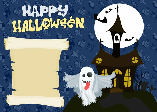 Cartel de Halloween con un pergamino cerca del castillo — Vector de stock