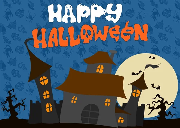 Eski ay ve yarasalar ev ile mavi Halloween poster — Stok Vektör