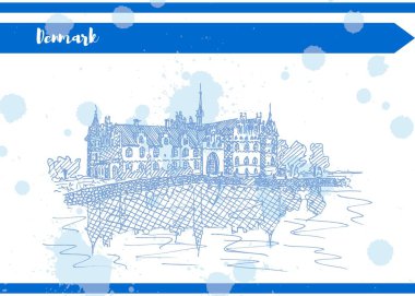 Nehir kıyısında ki Danimarka eski evi mavi çizim resmi