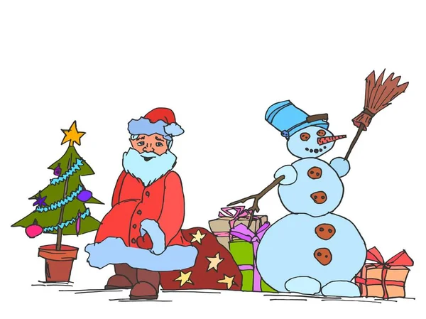 Sketch Weihnachtsmann mit einem Schneemann mit einem Sack voller Geschenke — Stockfoto