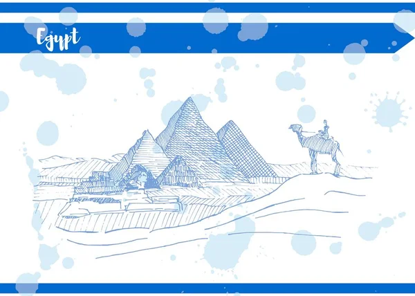 Azul egipcio bosquejo pluma pirámide esfinge y camello con jinete — Foto de Stock