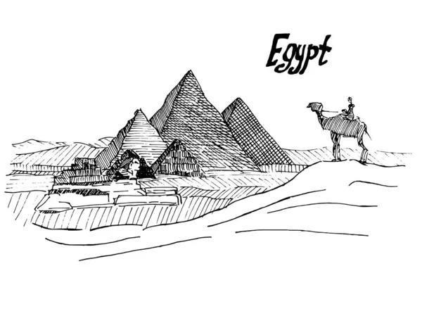 Penna egiziana disegno piramide sfinge e cammello con cavaliere — Foto Stock