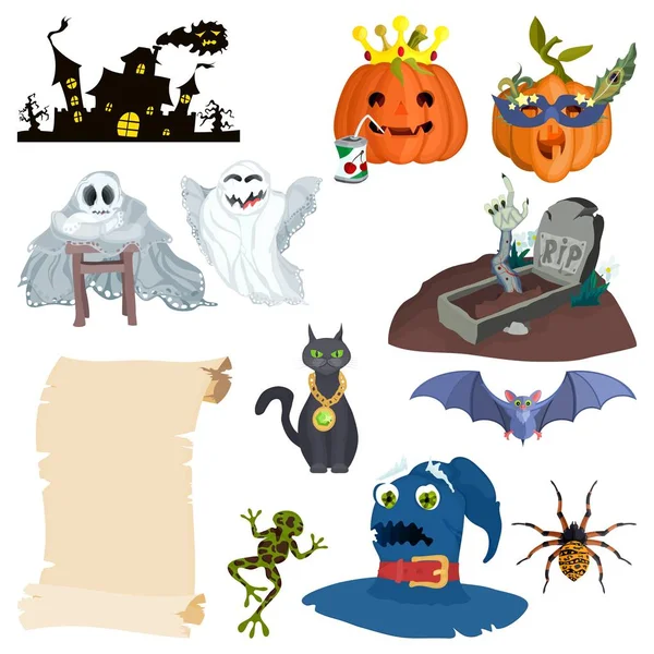 Vacaciones Halloween personajes de dibujos animados y castillo nuevo — Archivo Imágenes Vectoriales