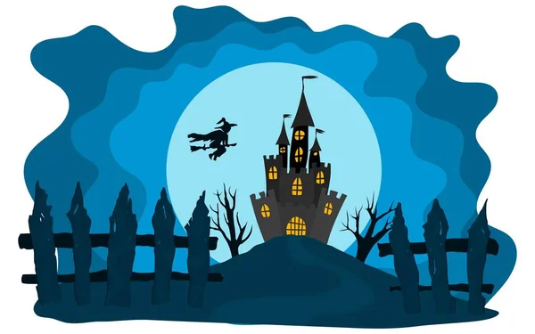 Halloween-Burg auf blauem Hintergrund Mond-Hexe — Stockvektor
