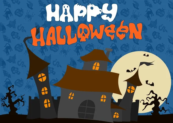 Eski ay ve yarasalar ev ile mavi Halloween poster — Stok fotoğraf