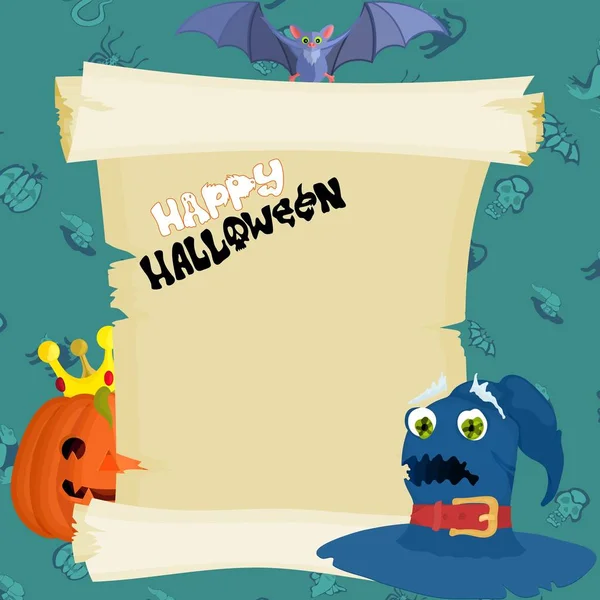 Zielony plakat Halloweenowy z papirusu i kapelusza czarownicy — Zdjęcie stockowe