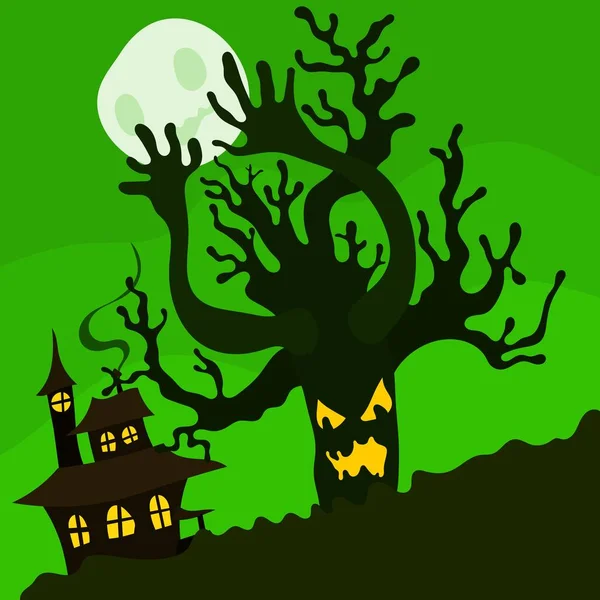 Halloween illustratie boze boom en huis groen — Stockfoto