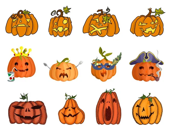 Calabazas diferentes estilos pegatinas colección noticias color — Vector de stock