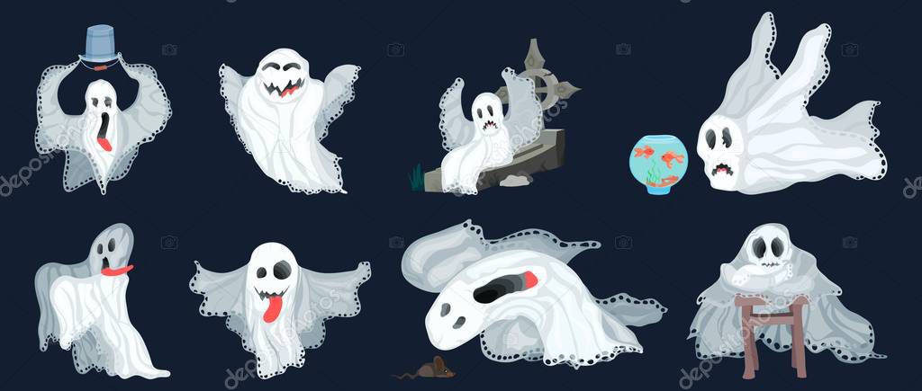 big set of ghosts in a flat style on a blue