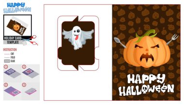 Cadılar bayramı balkabağı ve yemeği kesilmiş tebrik kartı.