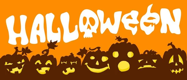 Palabra halloween sobre un fondo naranja calabazas — Vector de stock