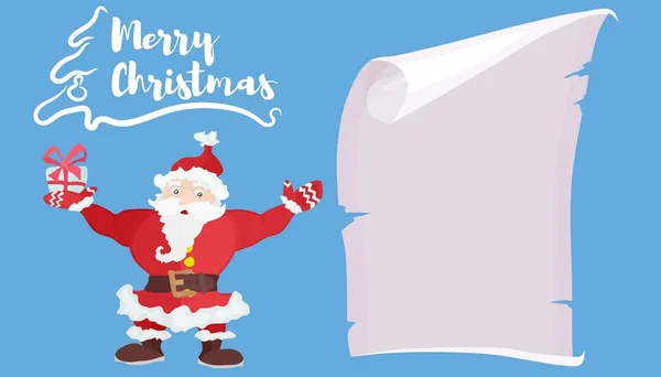 Weihnachtsmann auf blauem Hintergrund mit Schriftrolle — Stockvektor