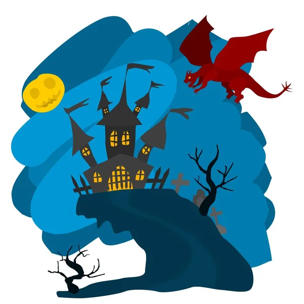 Leuchtende Illustration mit Drache und Burg. Vektor — Stockvektor