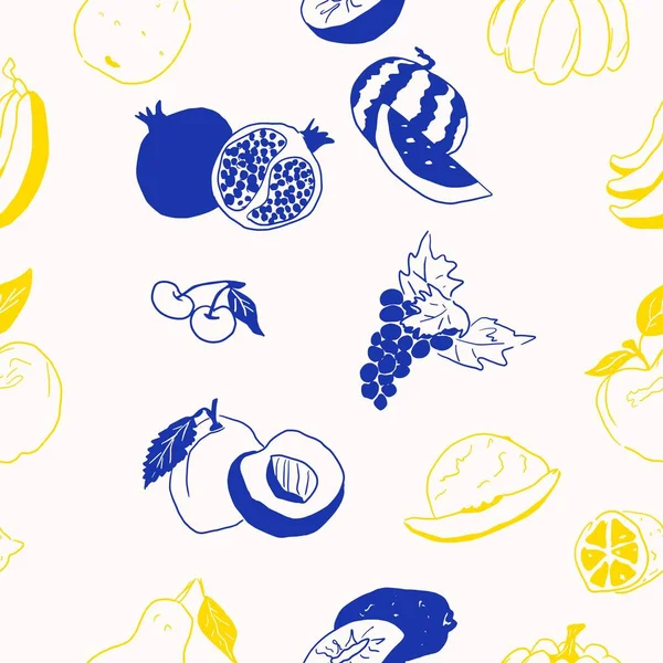 Contrastando frutos amarelos e azuis doodles no padrão branco — Fotografia de Stock