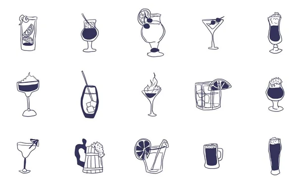 Gran selección de bebidas alcohólicas y tragos doodle — Foto de Stock