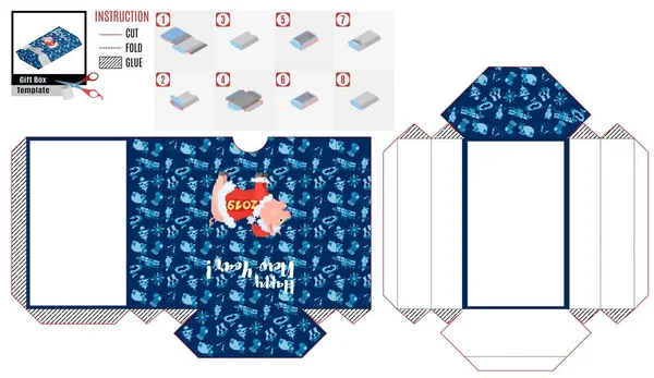 新年の箱のテンプレート。頭のいい帽子をかぶった豚 — ストック写真