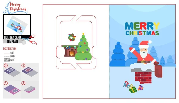 Tarjeta de Navidad. Santa en la chimenea con regalos — Vector de stock