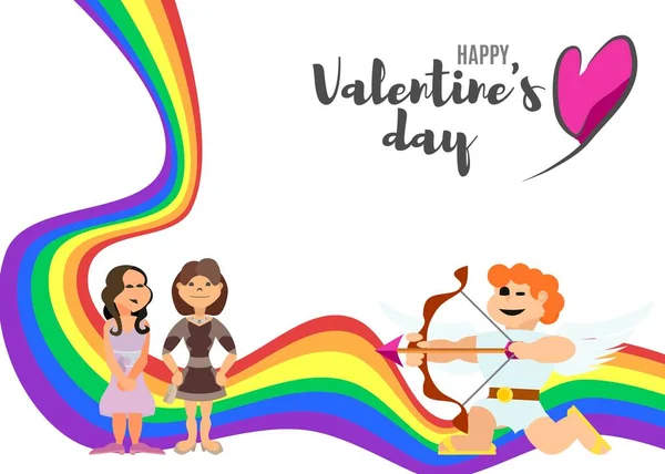 女性とキューピッドとの恋人の日のための虹のポスター — ストック写真