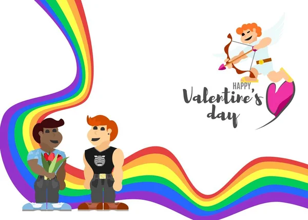 poster with a rainbow for lovers day with men and cupid