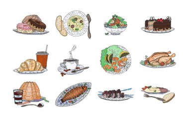 Aşçıbaşyapıtları şeften bir tabakta. Çizim çizim çizim vektörü