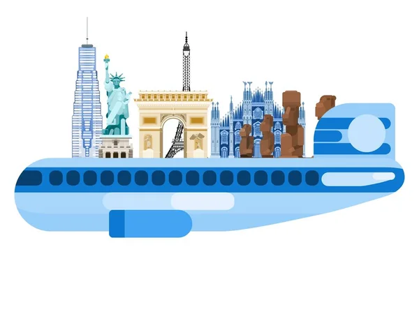 Airplane World Attractions Tourism Europe America Multicolored Flat Style — Stock Vector