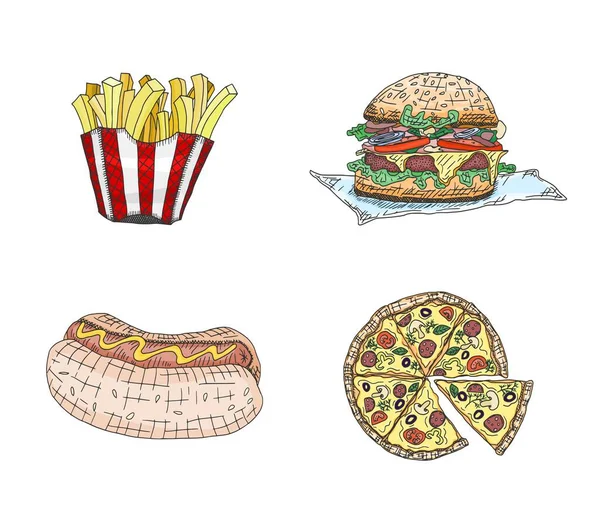 Fast Food Produtos Pizza Hot Dog Sanduíche Doodle Esboço Imagem — Fotografia de Stock