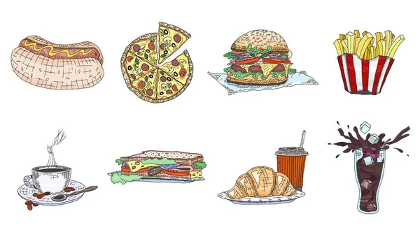 Fastfood Afhaalmaaltijden Collectie Kleurrijk Doodle Schets Illustratie Beeld — Stockfoto