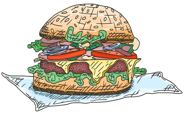 汉堡配肉和香肠素描 Doodle Stock Illustration — 图库照片