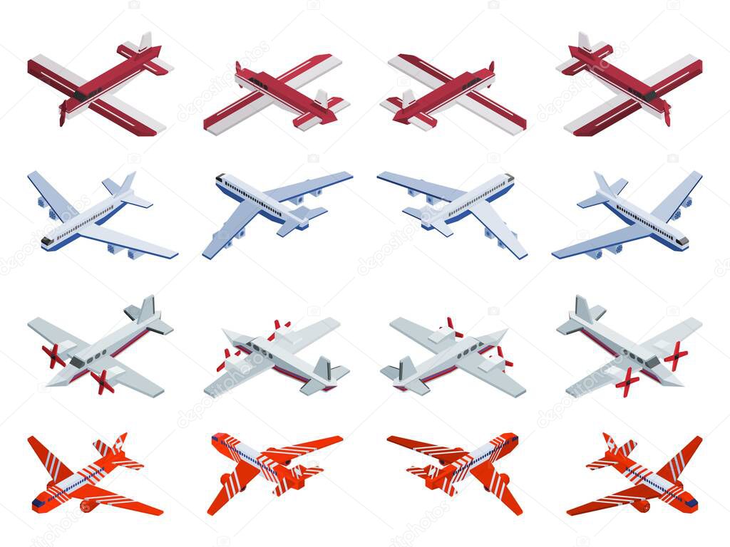 passenger and cargo aircraft isometric selection. picture illustration