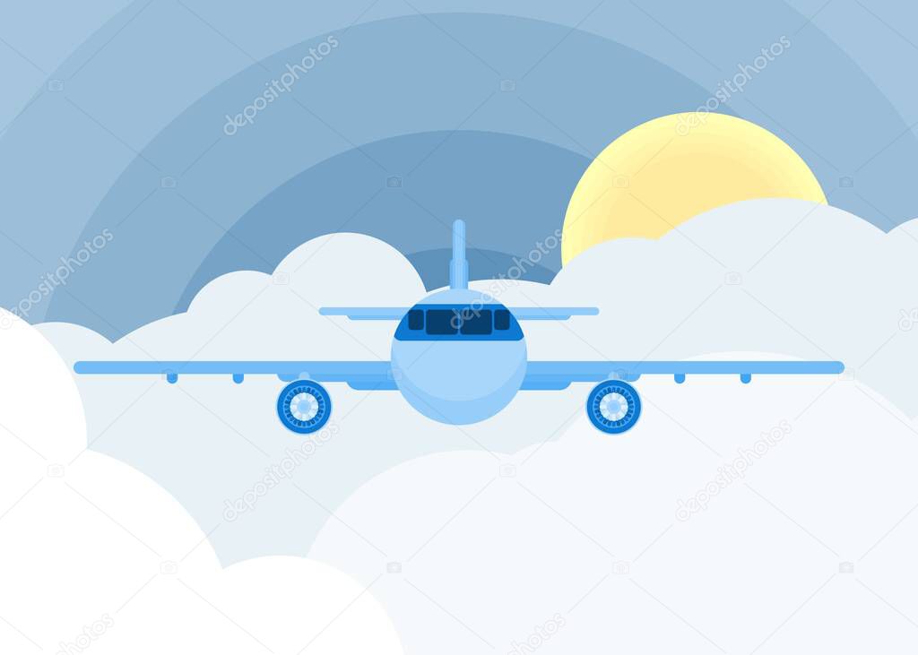 airplane in the sky among clouds. flat style vector