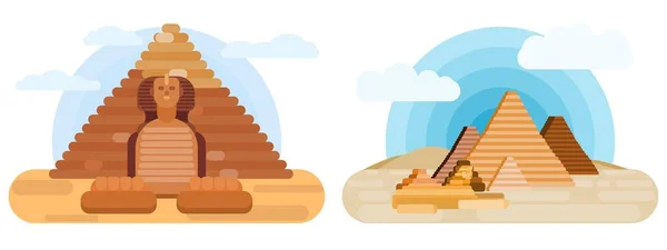 Sphinx Und Pyramiden Zwei Illustrationen Vektor Flach — Stockvektor