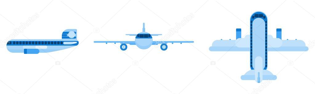 flat blue passenger plane. different angles. flat style vector