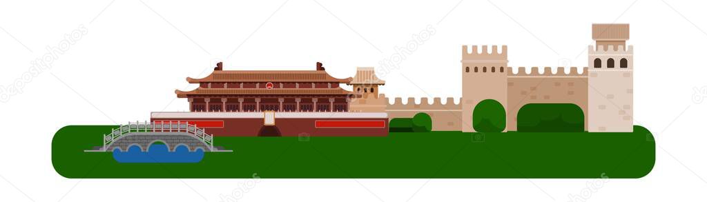 chinese palace and great wall. flat on white background